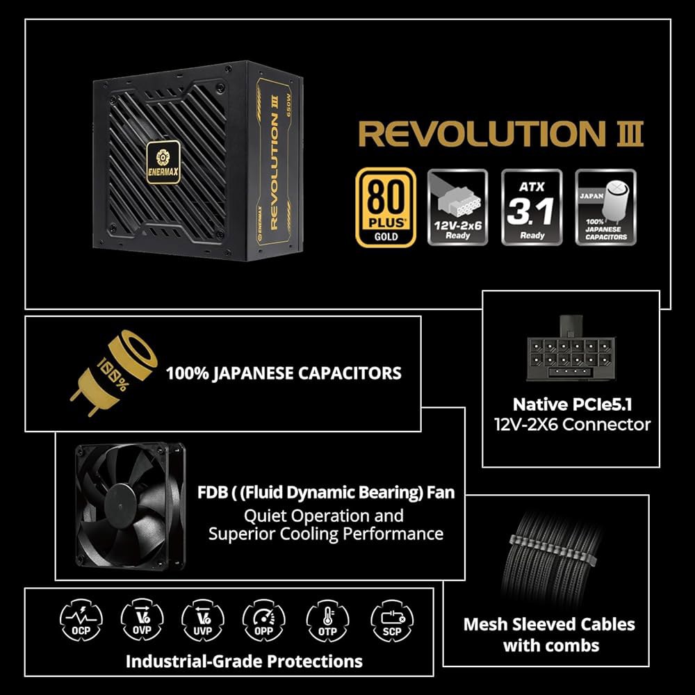 ENERMAX Revolution III 1000 - 완전 모듈형 PC 전원 공급 장치 1000와트 80 플러스 골드 600W 12V-2x6 커넥터 100 일본 커패시터 슬리브 - 상세 이미지 2