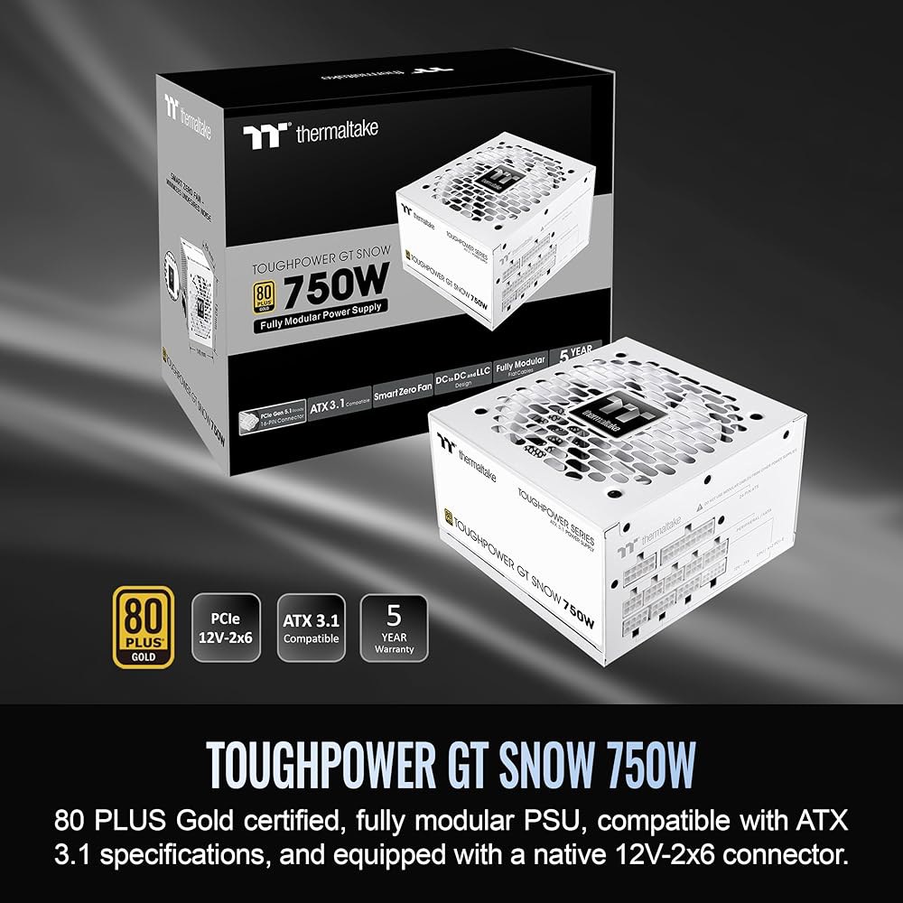 써멀테이크 터프파워 GT 750W 스노우 ATX 3.1 전원 공급 장치; 80 플러스 골드 효율성; 스마트 제로 팬; 600W PCIe 5.1 기본 커넥터; PS-TPT-0750F - 상세 이미지 2
