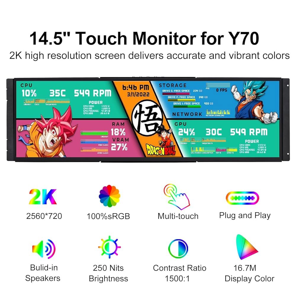 Hyte Y70 2K 2560x720 IPS용 와세코 14.5인치 LCD 터치스크린 모니터 Windows Aida64 CPU GPU 온도 모니터링용 HDMI USB C 디스플레이 - 상세 이미지 3