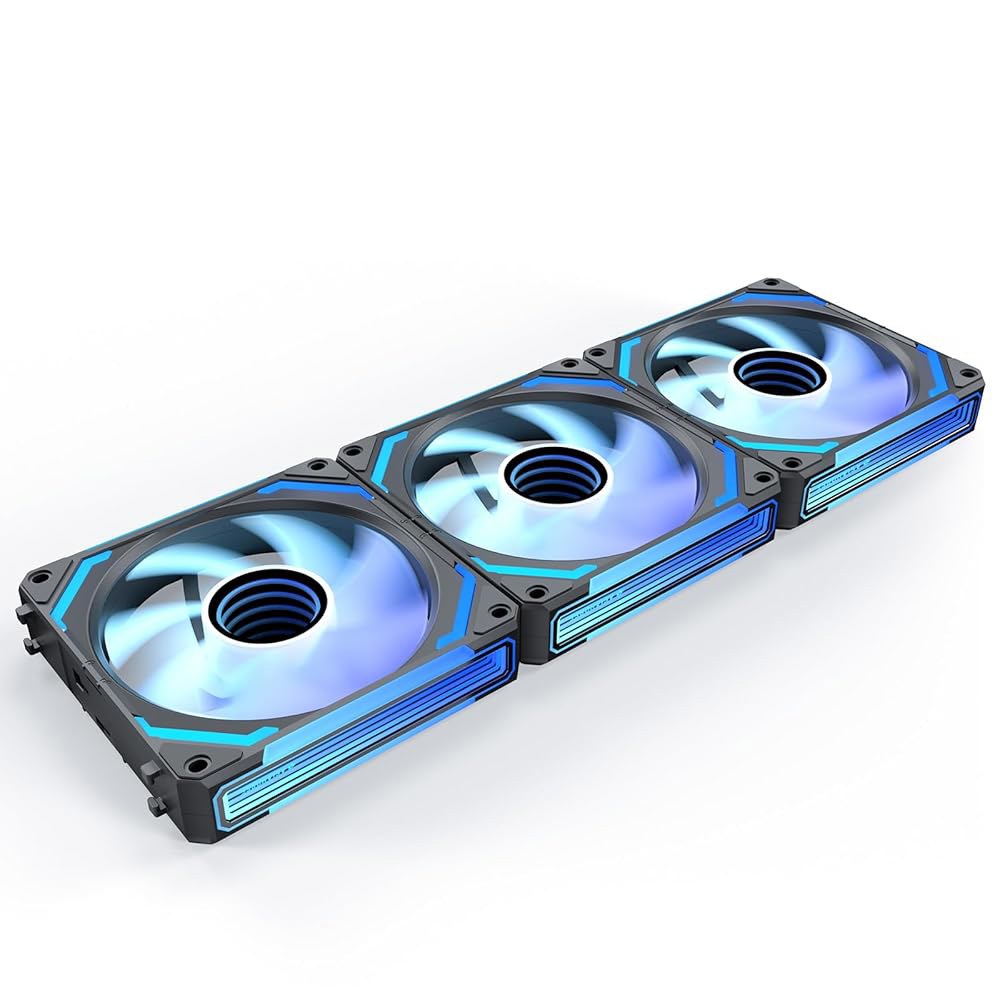 아시아호스 COSMIQ 120mm PC RGB 팬 컴퓨터 케이스 팬, 5V 3핀 커넥터 데이지 체인 PWM 냉각 및 CPU 액체 냉각기용 컨트롤러(블랙 포워드, 블랙-3) - 상품 이미지