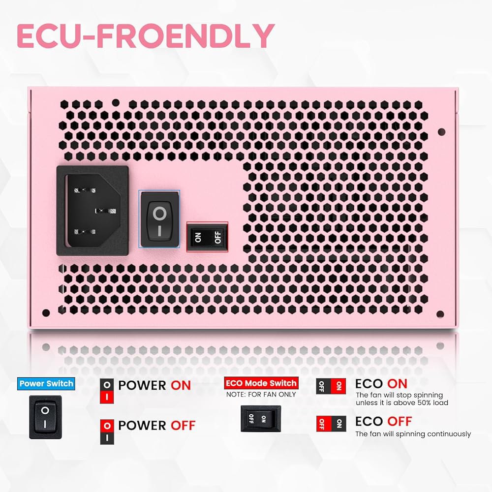 베트루 1000W 핑크 전원 공급 장치 ATX 3.1 레디 듀얼 PCIe 5.1, 80 플러스 골드 풀 모듈러, 120mm FDB 팬 포함 에코 모드, 컴팩트 사이즈, 게이밍 PC - 상세 이미지 3