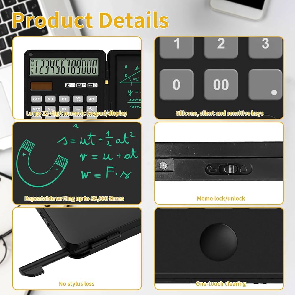 DPEDUAI Calculator with Writing Pad,12-Digit Keys Silicone for (Black) Display, Power LCD Lightweigh - 상세 이미지 2