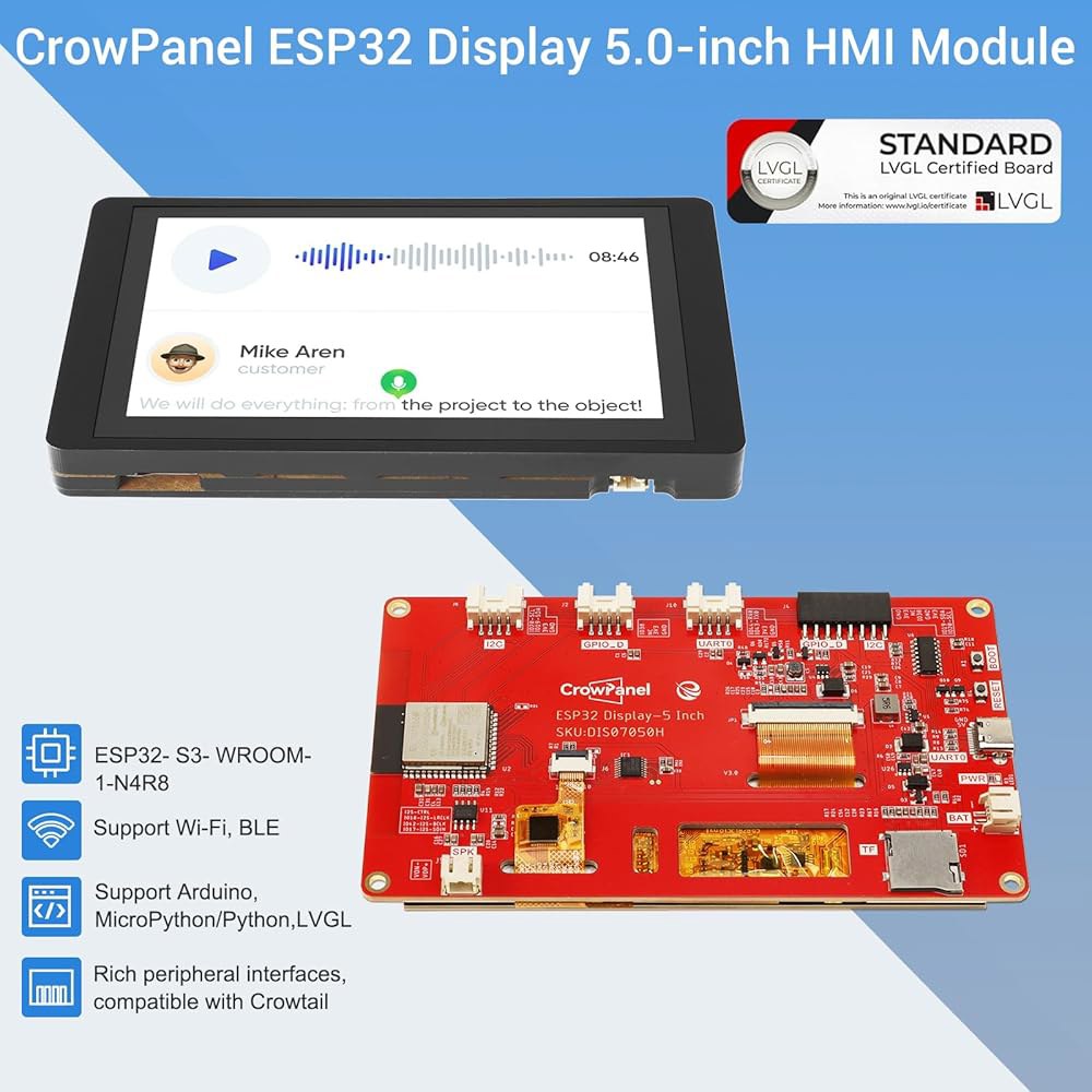 엘레크로우 ESP32 디스플레이 800 480, 아크릴 케이스 포함 5인치 HMI RGB TFT LCD 터치스크린, 32비트 LX6 듀얼 코어 프로세서, 최대 240MHz, 아두이 - 상세 이미지 2