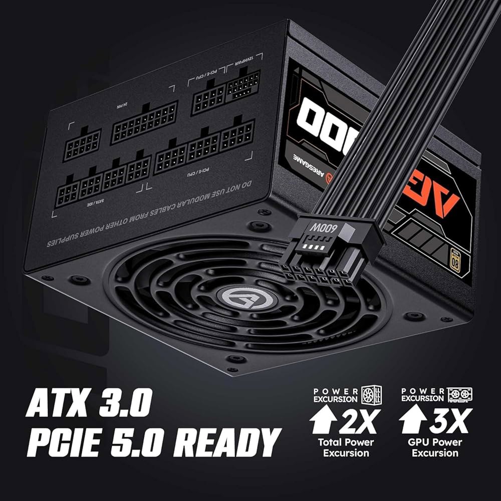 ARESGAME AGT 시리즈 1000W 전원 공급 장치, 80+ 골드 인증, 완전 모듈식 FDB 팬, 컴팩트 140mm 크기, 10년 보증, ATX 게이밍 장치 AGT 850W - 상세 이미지 2