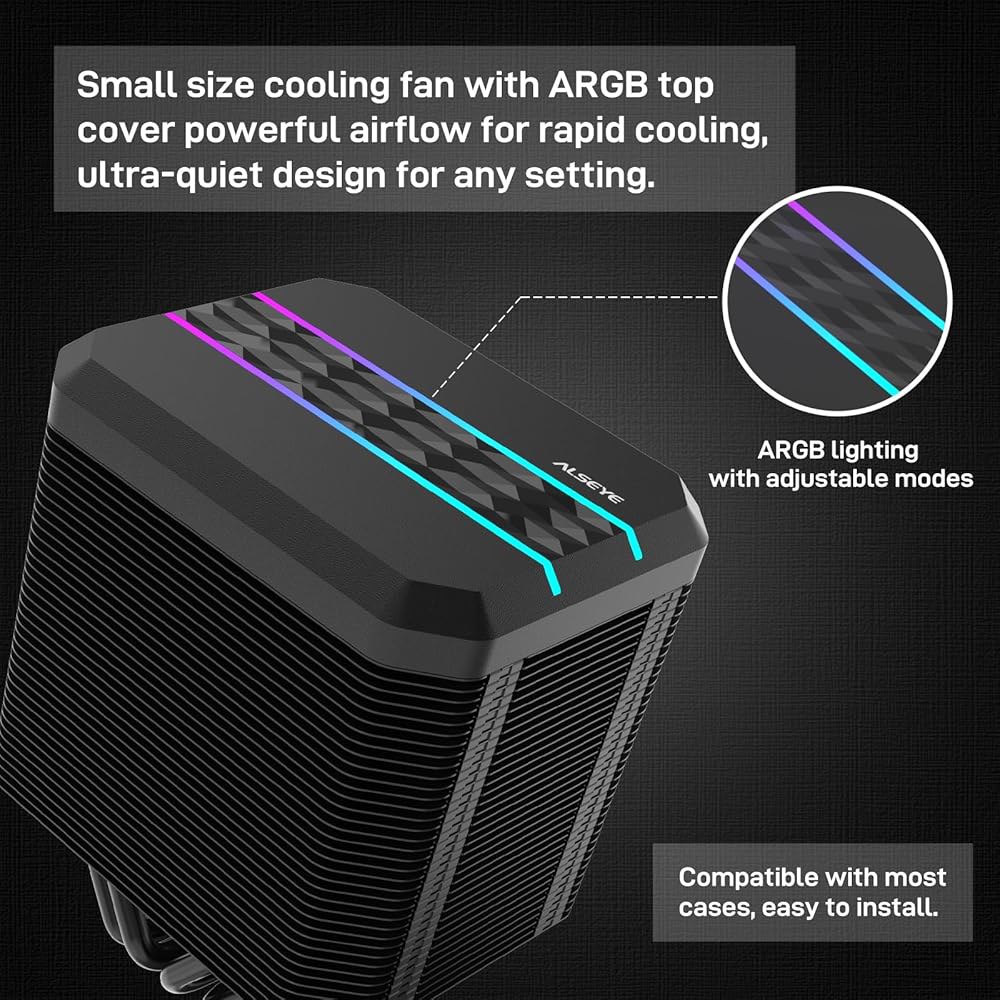 인텔 및 AMD 플랫폼과 호환되는 ARGB 라이트 이펙트 커버가 있는 듀얼 타워 공랭식 CPU 쿨러, ALSEYE M90 히든 팬 설계, LGA1700 지원 (M90 블랙) - 상세 이미지 2
