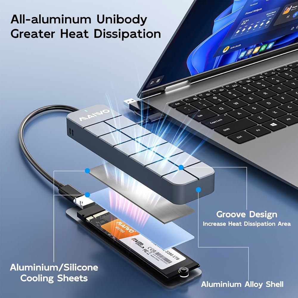 MAIWO M.2 NVMe SSD 인클로저 USB3.2 GEN2 10Gbps, 8TB 용량 2-in-1 타입-C 케이블, USB C to M-Key PCIE NVME 어댑터 리더 - 상세 이미지 3
