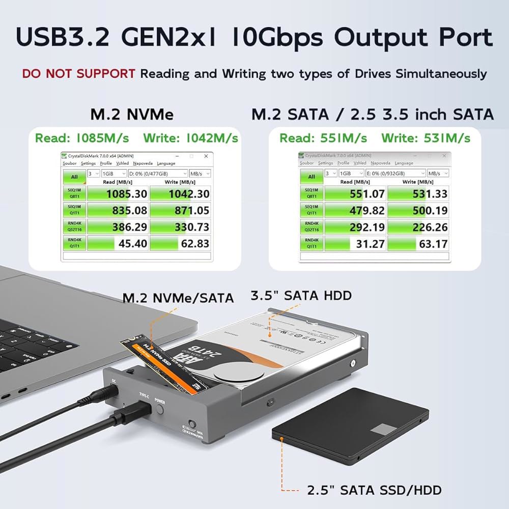 M.2 NVMe SATA SSD 및 2.5 3.5인치 HDD용 MAIWO 듀얼 베이 인클로저, 외장 하드 드라이브에서 USB C 어댑터, 10Gbps 32TB 용량 는 클론 를 - 상세 이미지 3