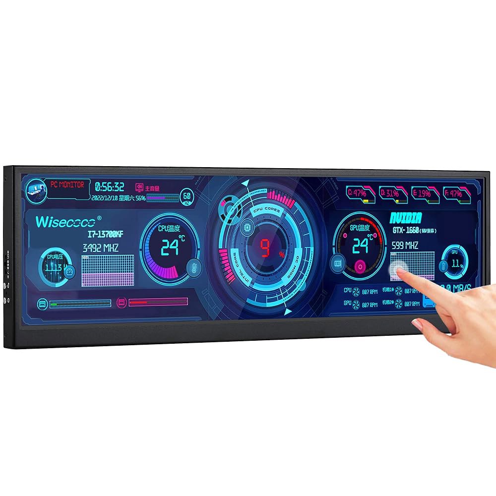 와세코코 12.6인치 미니 터치스크린 모니터 보조 화면 FHD IPS 스트레치 바 LCD 디스플레이 1920X515 HDMI, PC 노트북 컴퓨터 속도 윈도우 서브 CPU GPU - 상품 이미지
