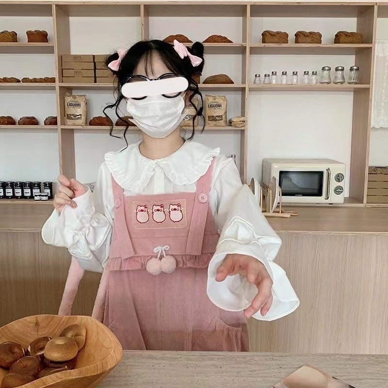 로리타룩 곰돌이 패치 골덴 벨벳 루즈핏 벌룬핏 와이드 멜빵 바지 귀여운 데일리 넉넉한 - 상세 이미지 2