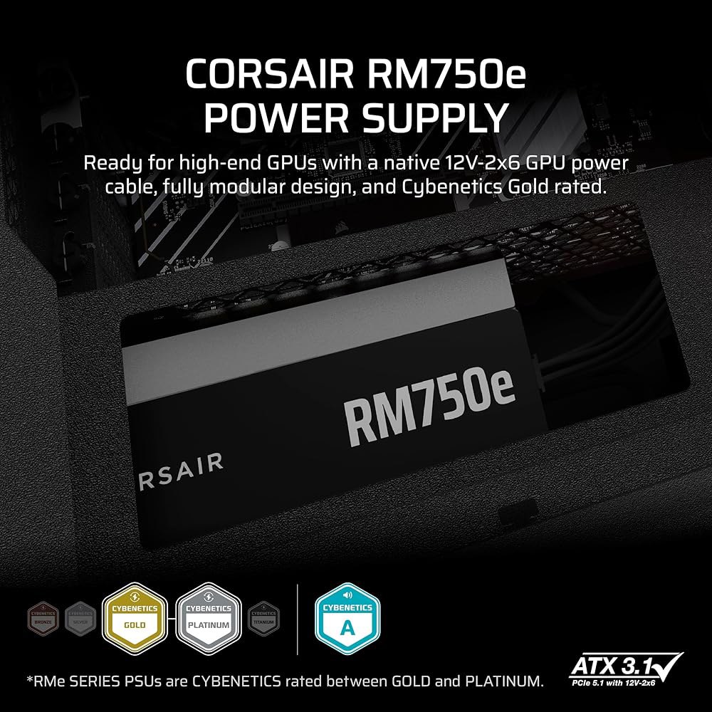 CORSAIR RM750e (2025) 12V-2x6 케이블 u2013 ATX 3.1 및 PCIe 5.1 호환, 사이베네틱스 골드 효율성, 105 C 등급 커패시터, 최신 대기 - 상세 이미지 2