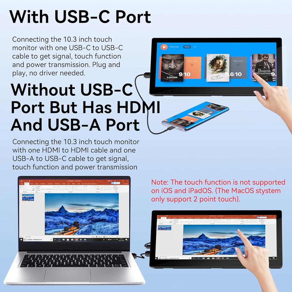 10.3인치 소형 터치스크린 모니터, 400cd/m , IPS 스트레치 바 LCD 미니 트래블 터치 디스플레이 1920 720 HDMI USBC, 노트북 컴퓨터용 휴대용 Aida6 - 상세 이미지 2