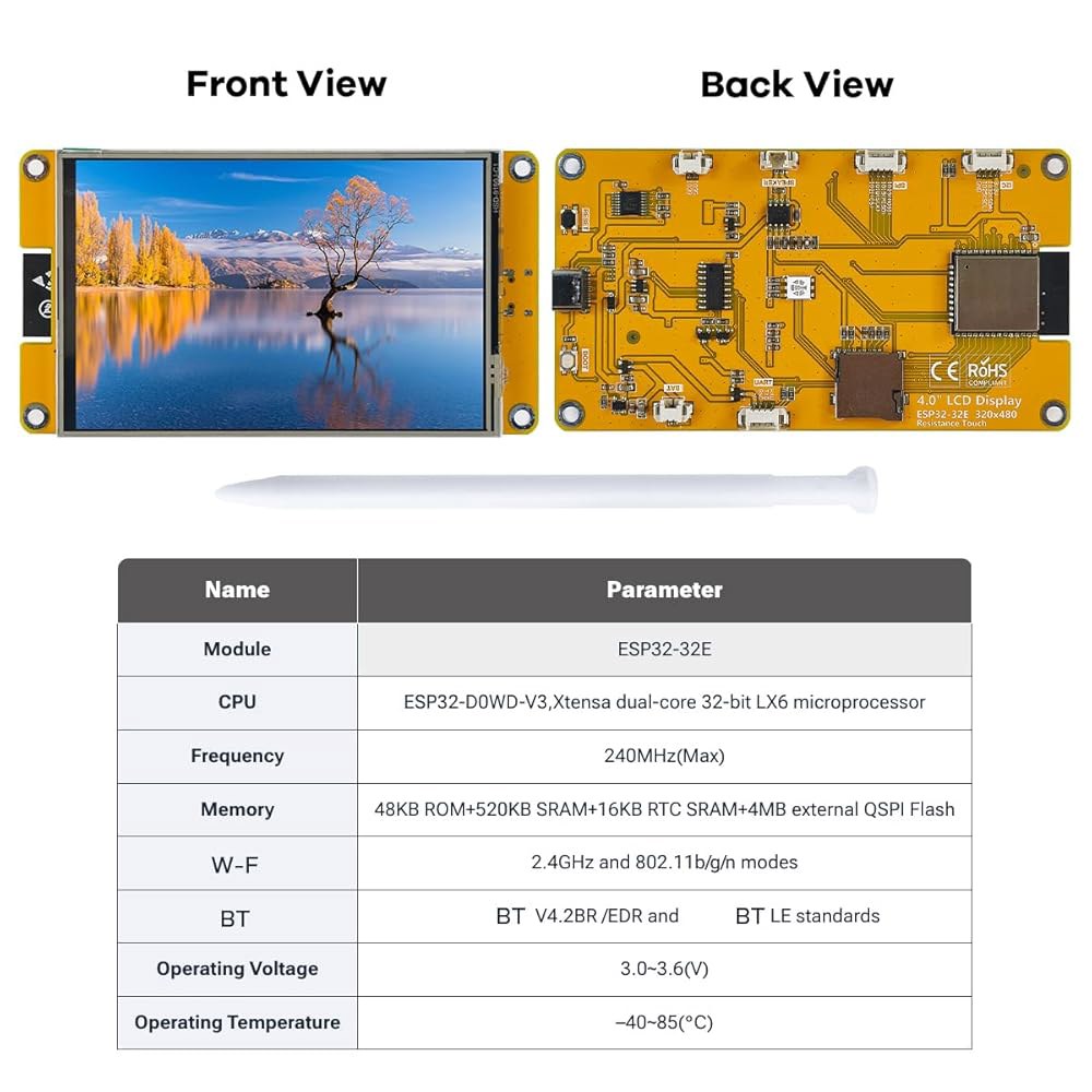 Hosyond 4.0 320x480 터치스크린, WiFi+BT가 탑재된 ESP32-32E ESP32 디스플레이, 아두이노 IoT용 ST7796S 드라이버 LCD TFT 화면 모듈 - 상세 이미지 2
