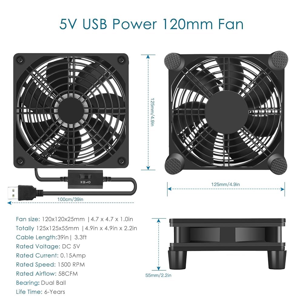 Qirsyn USB 컴퓨터 팬 조용한, 라우터 모뎀 수신기 DVR Xbox TV 박스 냉각을 위한 속도 컨트롤러가 있는 5V 전원 - 상세 이미지 2
