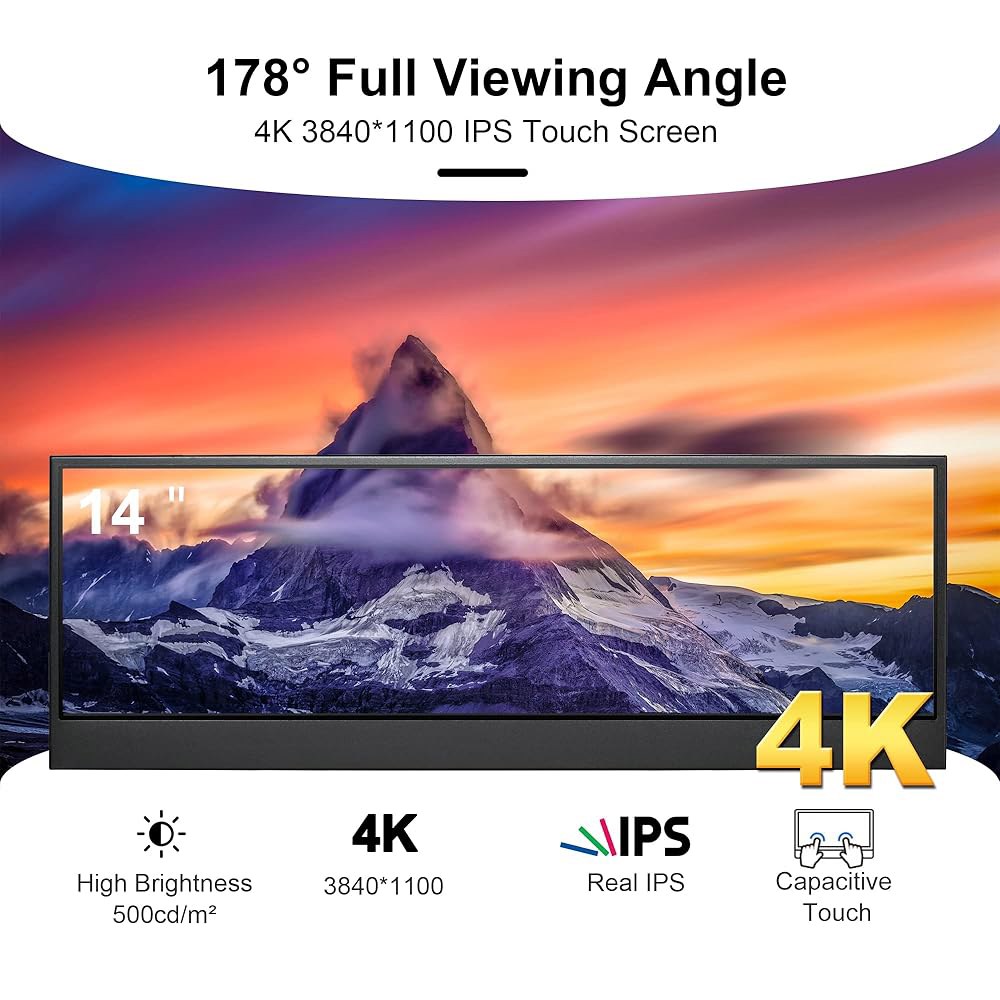 Wisecoco 14인치 4K UHD IPS 3840x1100 스트레치 바 터치 스크린 디스플레이 모니터 - 노트북 PC 속도 온도 윈도우 Aida64 CPU GPU HDMI 보조 - 상세 이미지 2