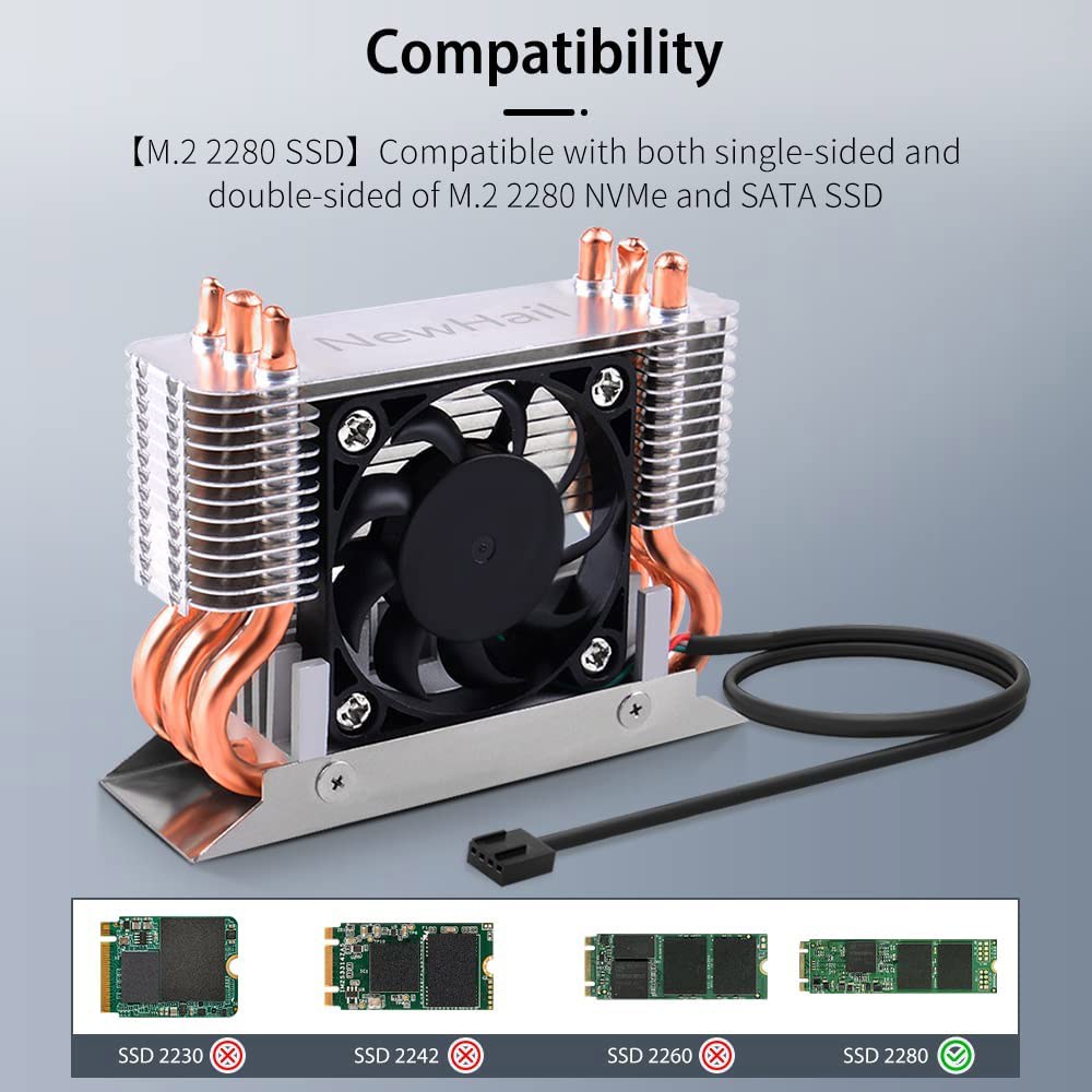 뉴하일 12V M.2 2280 SSD 히트싱크, 40mm PWM 냉각 팬, 구리 히트 파이프 및 열 패드, NVMe SATA 전용 쿨러 포함 - 상세 이미지 2