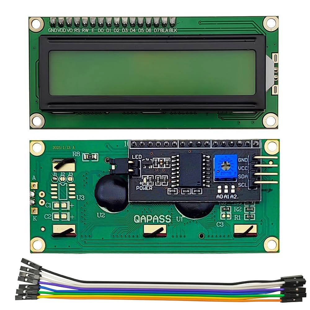 Haldzemo 1602A LCD 화면 디스플레이 모듈 I2C 1602 16x2 블랙 캐릭터 옐로우 백라이트 + 8핀 점프 와이어(2팩) - 상품 이미지