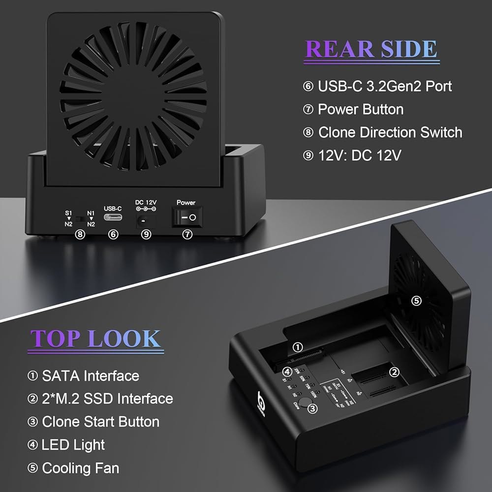 M.2 NVMe 및 SATA 하드 드라이브 도킹 스테이션, PCIe + 2.5 u201D / 3.5 HDD 컨버터용 USB C 10Gbps 클론, 오프라인 클로닝, 도구 없음, - 상세 이미지 2