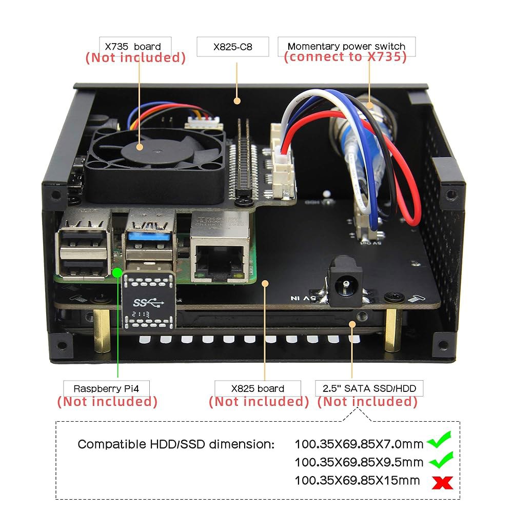 기크웜 X825-C8 (X825 V2.0) 메탈 케이스+파워 스위치+냉각 팬 지원 X825 V2.0 2.5인치 SATA SSD /HDD 쉴드 & 라즈베리 파이 4 모델 B X735 - 상세 이미지 3