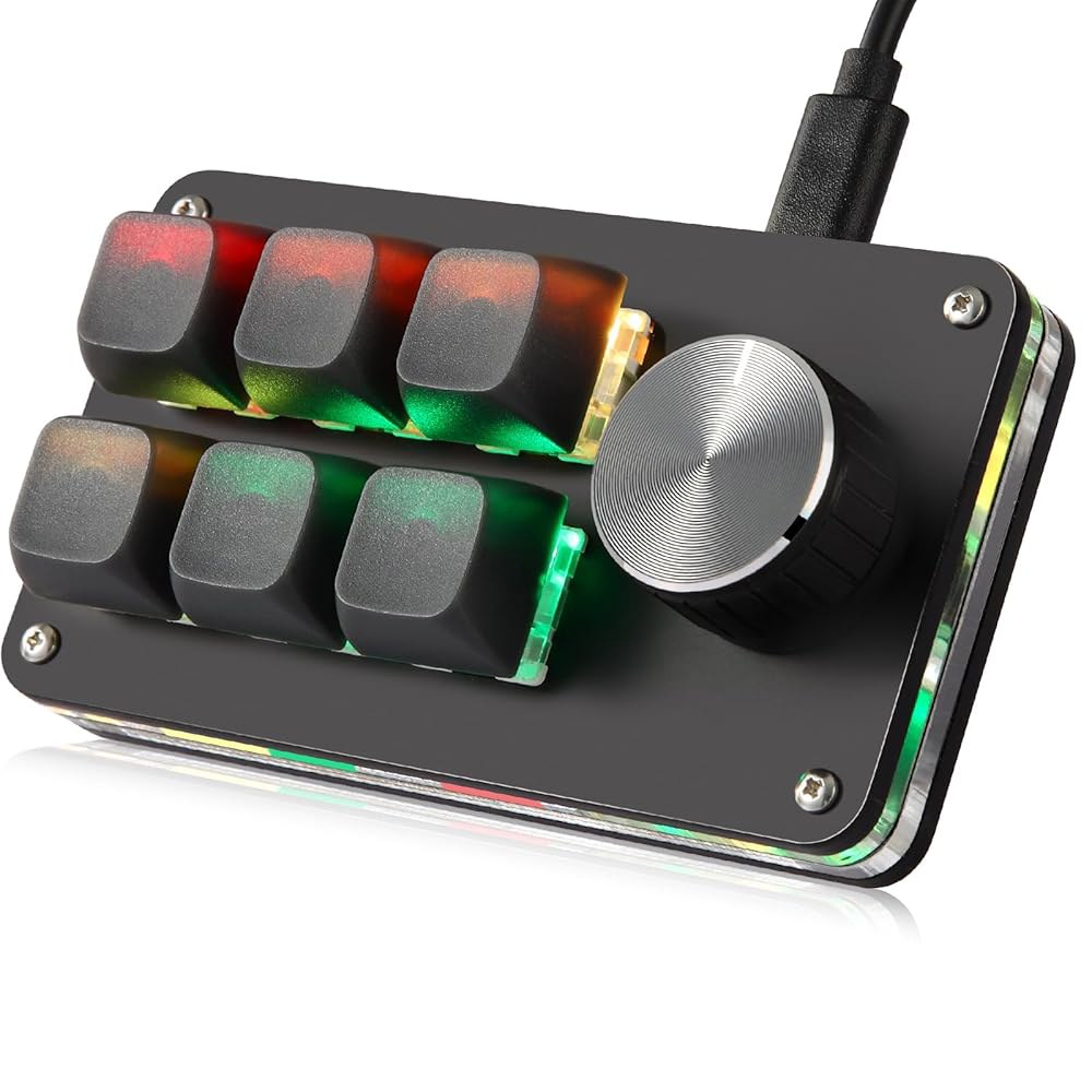쿨러트론 매크로 프로그래머블 키패드, 원핸드 기계식 키보드, RGB 블루 스위치 핫 스왑 가능, 작업 및 게임용 6키 1 노브 백라이트 블랙 6-key - 상품 이미지