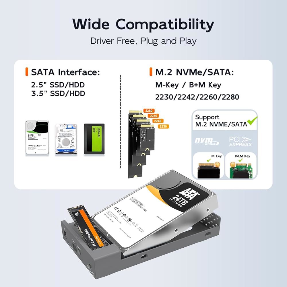 M.2 NVMe SATA SSD 및 2.5 3.5인치 HDD용 MAIWO 듀얼 베이 인클로저, 외장 하드 드라이브에서 USB C 어댑터, 10Gbps 32TB 용량 는 클론 를 - 상세 이미지 2