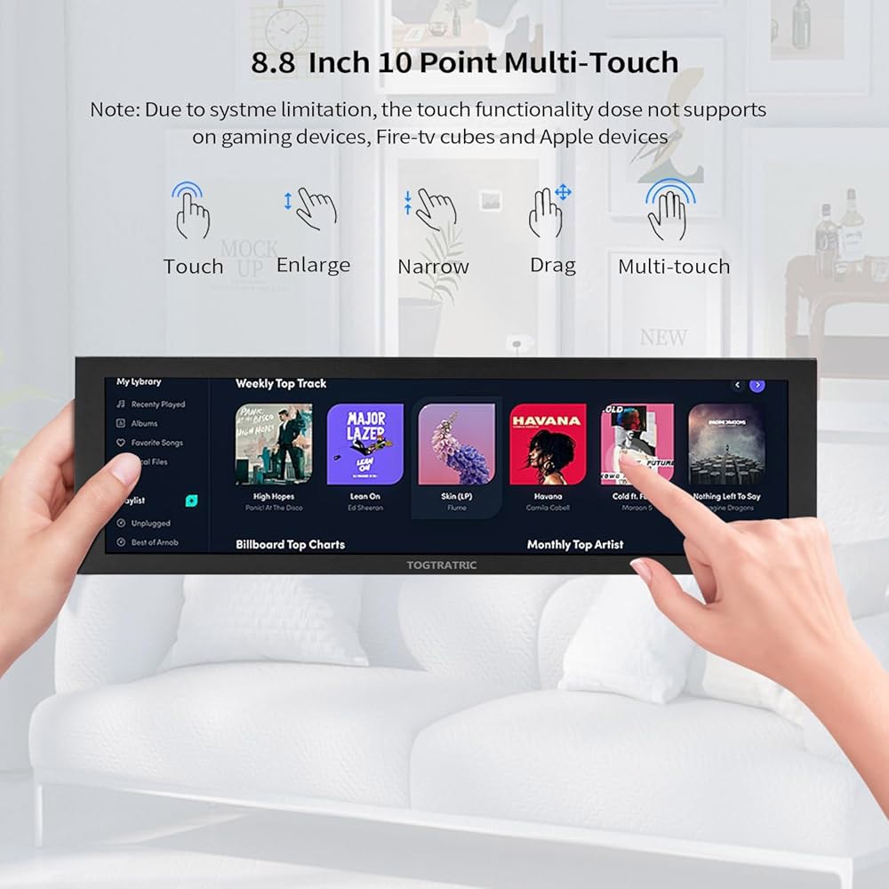TOGTRATRIC 8.8인치 미니 터치스크린 스트레치 바 모니터 1920 480, 메탈 쉘 IPS 휴대용 터치 디스플레이, HDMI, USB-C, 라즈베리 파이 노트북 Aida6 - 상세 이미지 2