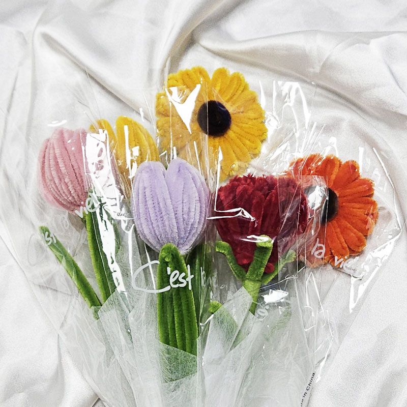 모루꽃 한송이 완제품 튤립 해바라기 뜨개꽃 조화 꽃다발 인테리어 장식 이미지 2