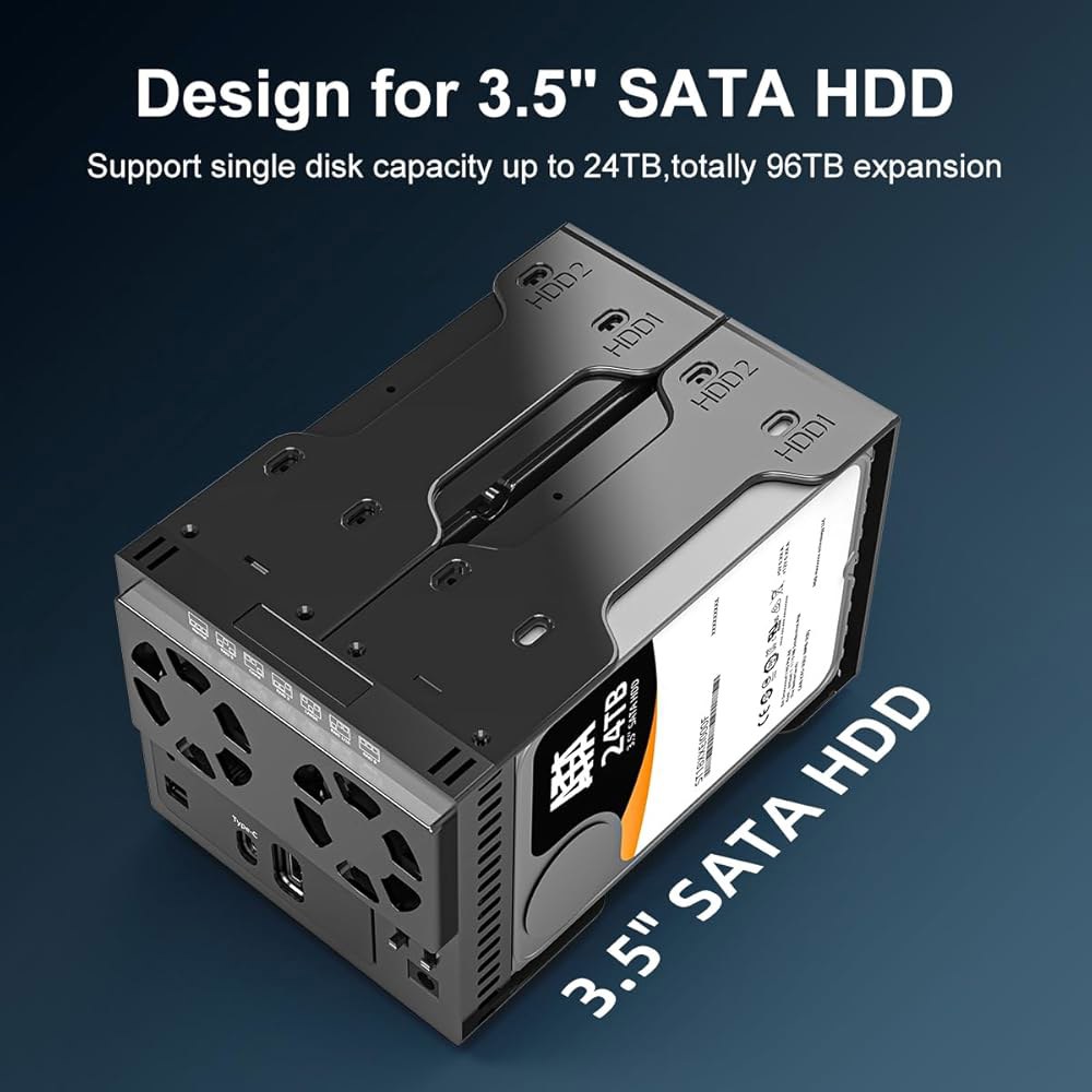 냉각 팬, USB A-C 3.1 및 C-C 케이블이 포함된 2.5인치 3.5인치 SATA 드라이브용 MAIWO USB-C 4 Bay HDD RAID 인클로저, 레이드 노멀, 0, - 상세 이미지 2