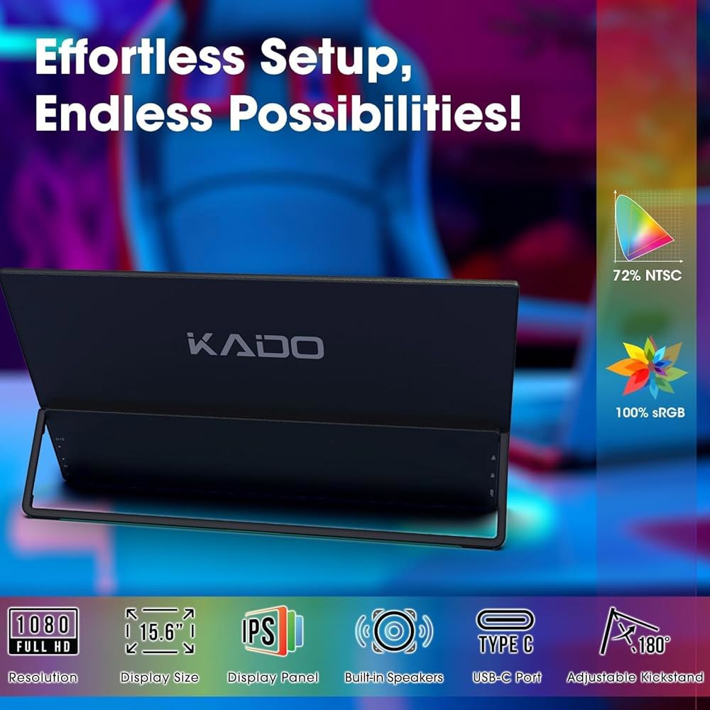 카도 포터블 모니터 15.6인치 1080p, 100 sRGB USB-C HDMI 게이밍 초슬림 디스플레이 내장 스피커, 외장 180 킥스탠드 월/암 마운트 노트북 PC폰 Mac - 상세 이미지 2