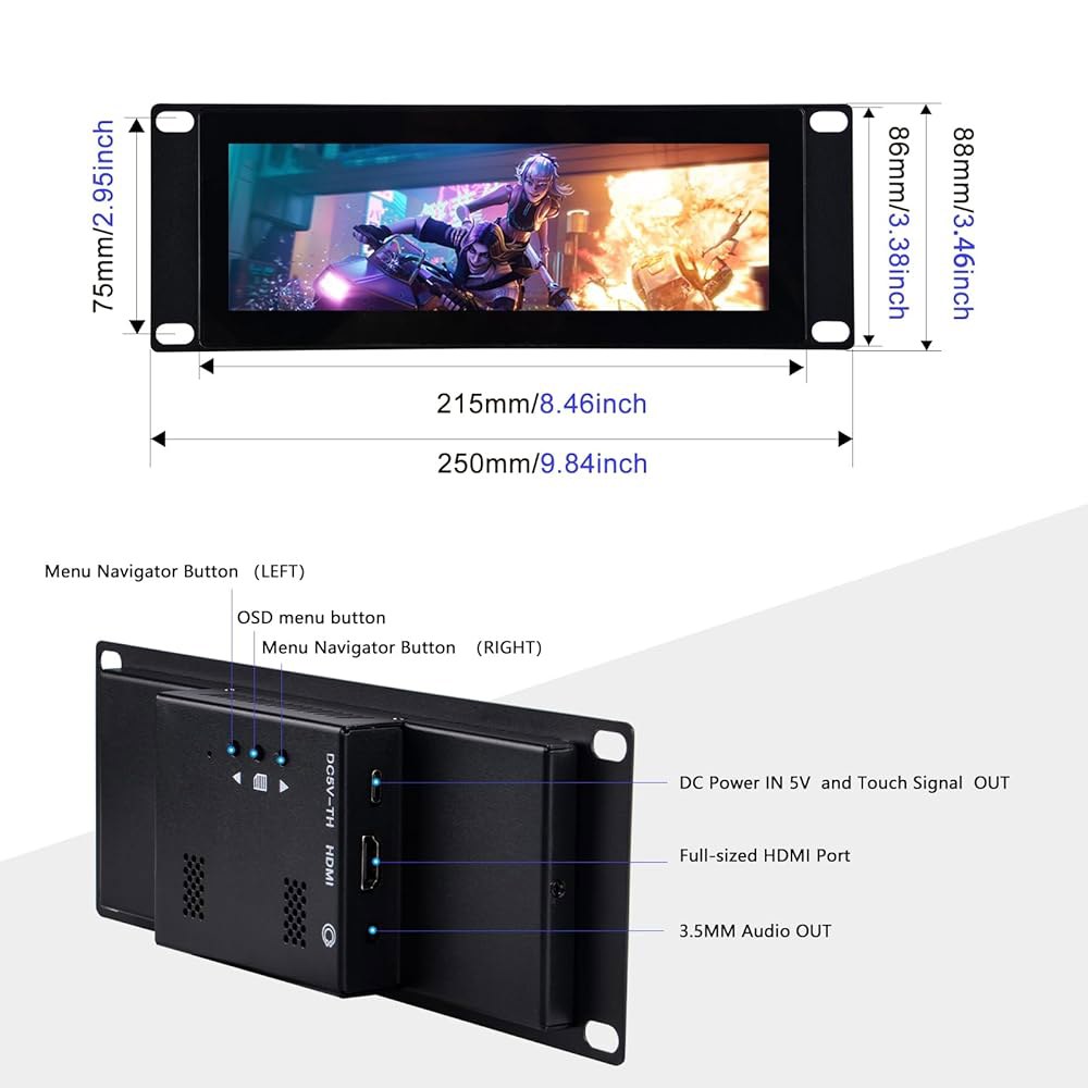 데스크파이 랙메이트 T0 / T1 T2 Plus 서버 캐비닛용 GeekPi 7.84 인치 1280x400 LCD 터치 스크린 2U 랙 마운트 모니터 - 상세 이미지 3