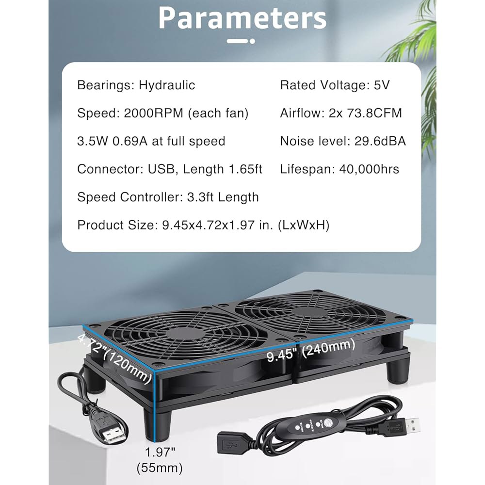 GDSTIME 조용한 라우터 팬 쿨러, 3단 속도 제어, L /M /H, DC 5V USB 전원 듀얼 120mm 컴퓨터 냉각 케이스 팬, 모뎀 수신기 DVR 플레이스테이션 TV - 상세 이미지 2