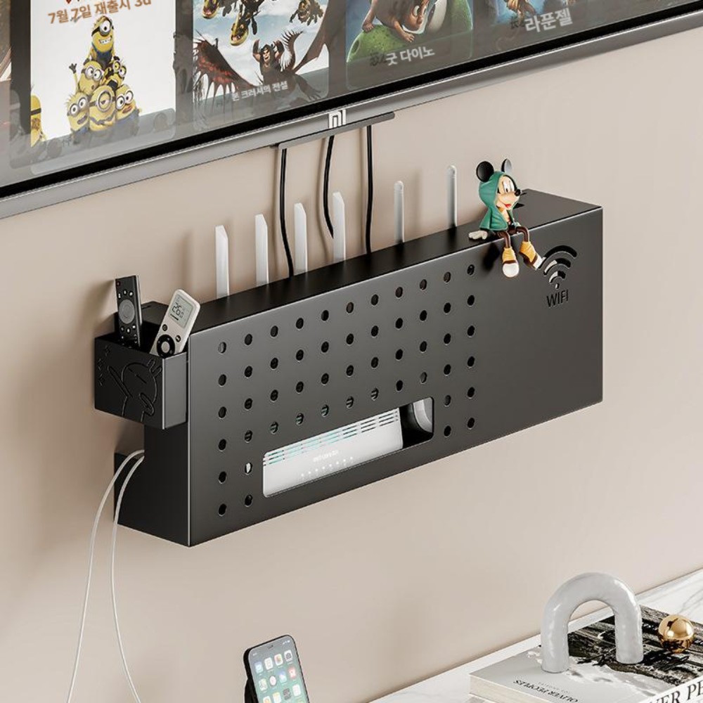벽걸이형 무선 와이파이 공유기 TV 광모뎀 거치대 블랙 소형 40cm A 통선형 - 상품 이미지