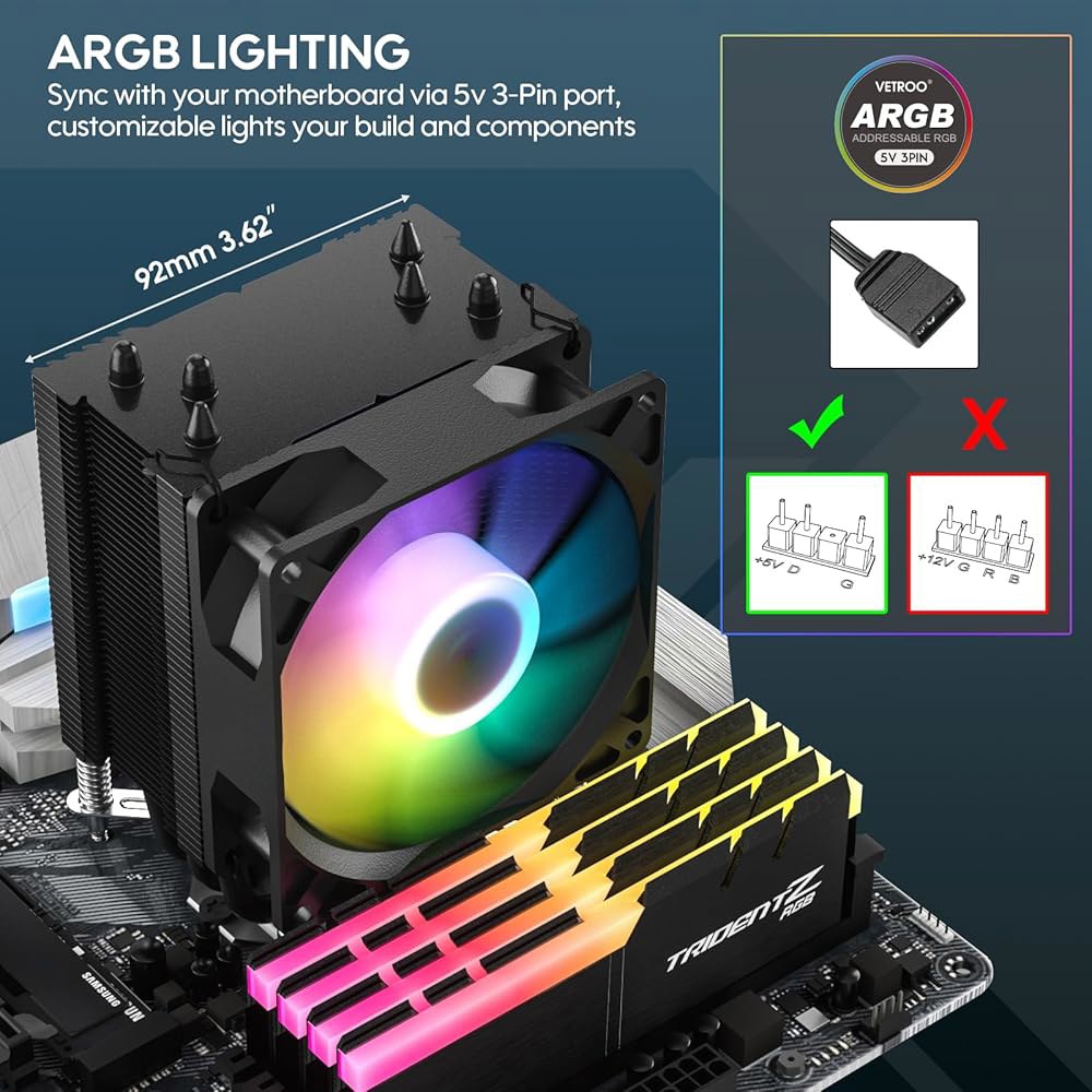 베트루 V3 CPU 에어쿨러, ARGB 조명 및 PWM 스마트 컨트롤 - 높이 133mm 92mm 팬, 직접 히트 파이프, 알루미늄 핀, AMD AM4 / AM5 인텔 LGA185 - 상세 이미지 3