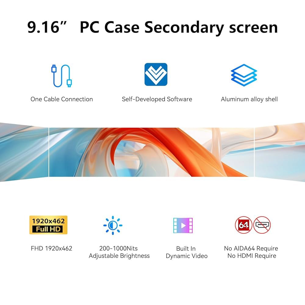 9.16인치 컴퓨터 온도 모니터, FHD 1920x462 PC 센서 패널 원케이블 연결(HDMI 필요 없음), 스트레치 바 LCD 다이내믹 테마 지원, CPU RAM HDD 데이터 - 상세 이미지 2