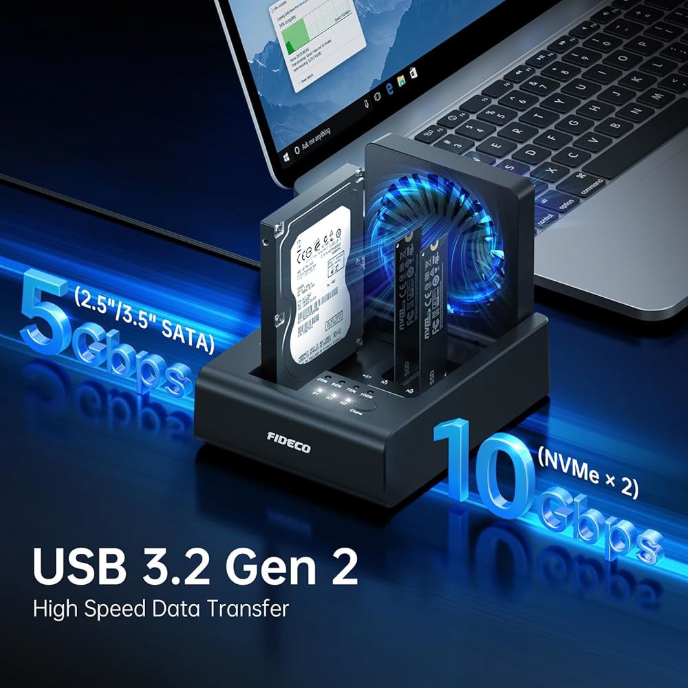 피데코 M.2 NVMe SSD 클론 및 복제기, 2.5인치 /3.5인치 SATA HDD용 3-Bay 하드 드라이브 도크, 접이식 냉각 팬이 있는 리더, 궁극의 방열, 도구 사용 - 상세 이미지 2