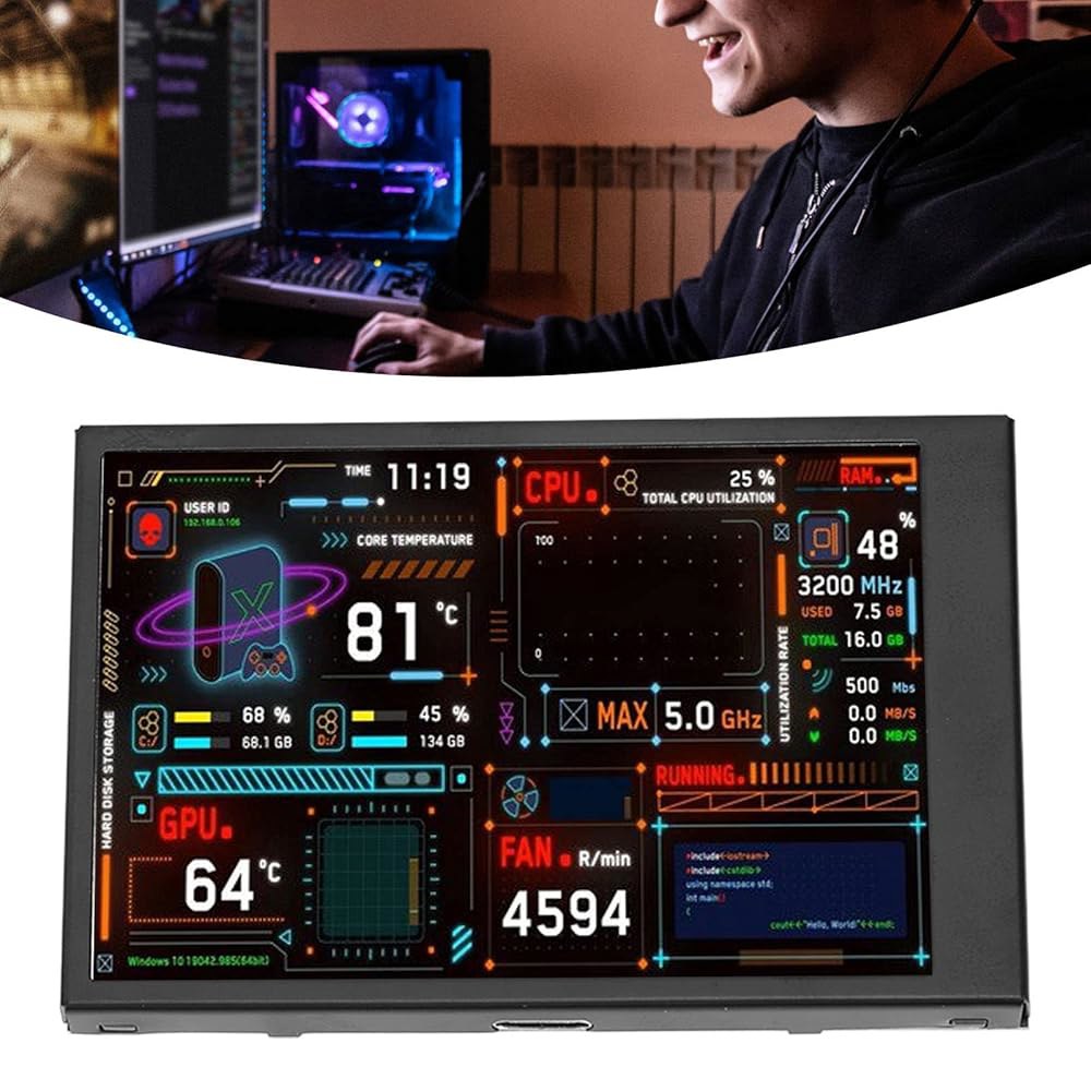 VBESTLIFE 3.5인치 컴퓨터 온도 모니터, USB C PC 미니 센서 패널 디스플레이, AIDA64 CPU 데이터 모니터 케이스 보조 화면용 - 상세 이미지 3