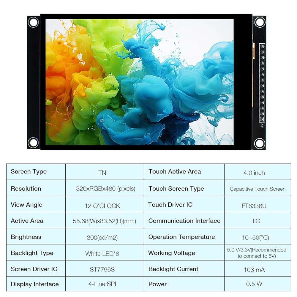 Hosyond 4.0 인치 320x480 TN 정전식 터치스크린 LCD 디스플레이 모듈 SPI 시리얼 ST7796S 드라이버 (아두이노 R3 /Mega2560 /ESP32용) - 상세 이미지 3