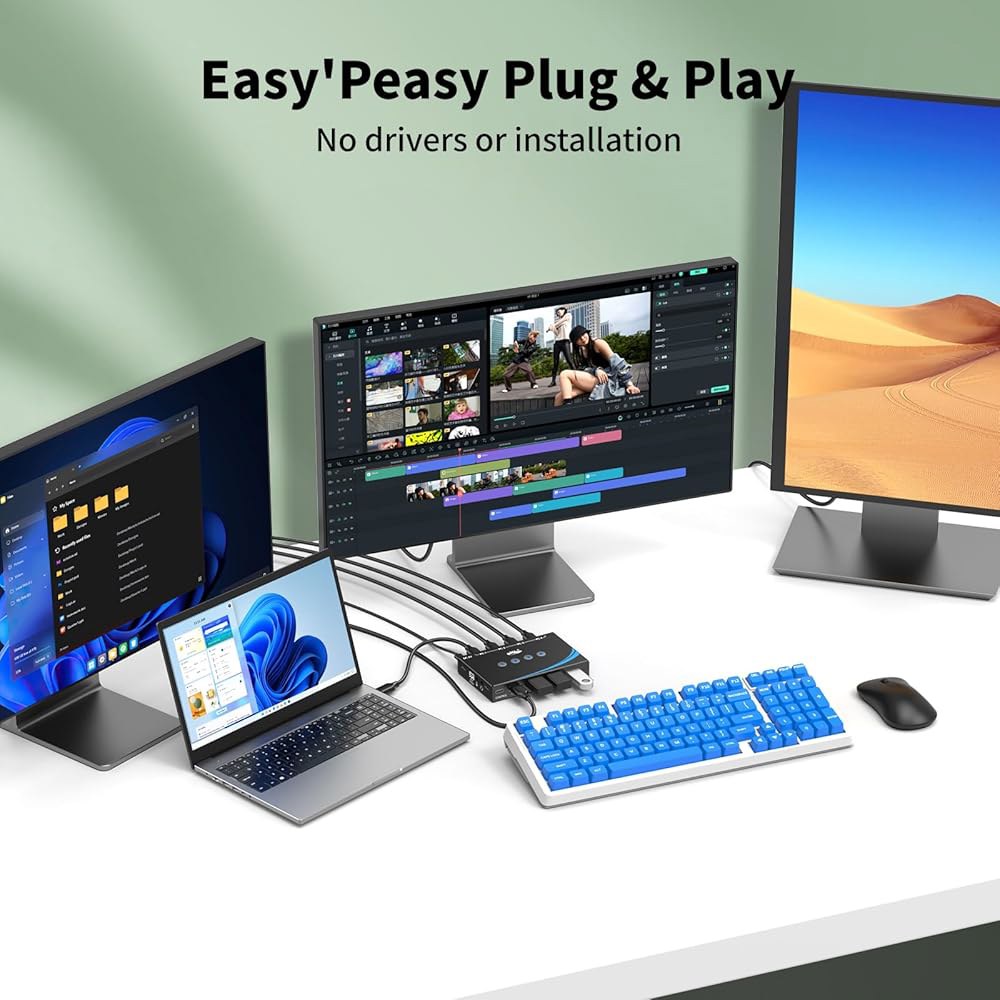 eKL USB 3.0 스위치 컴퓨터 4대, 주변기기 공유, 마우스 키보드 스캐너 프린터 3.5mm 헤드셋 잭 오디오 출력, 케이블 4개 및 리모컨 포함 - 상세 이미지 3