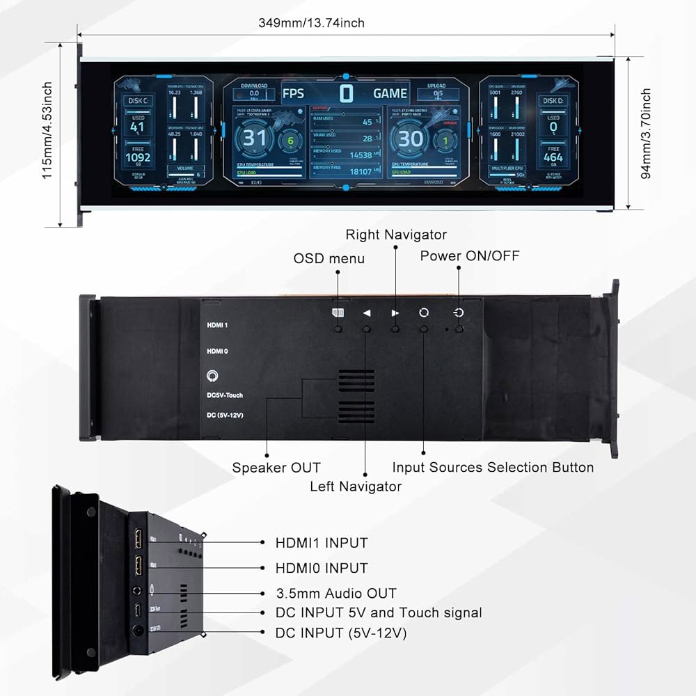 GeeekPi 12.6인치 IPS LCD 터치 스크린 모니터 FHD 1920x515 디스플레이, Hyte Y60 PC 케이스 CPU 보조 패널에 적합, 내장 듀얼 스피커, 플러그 - 상세 이미지 2