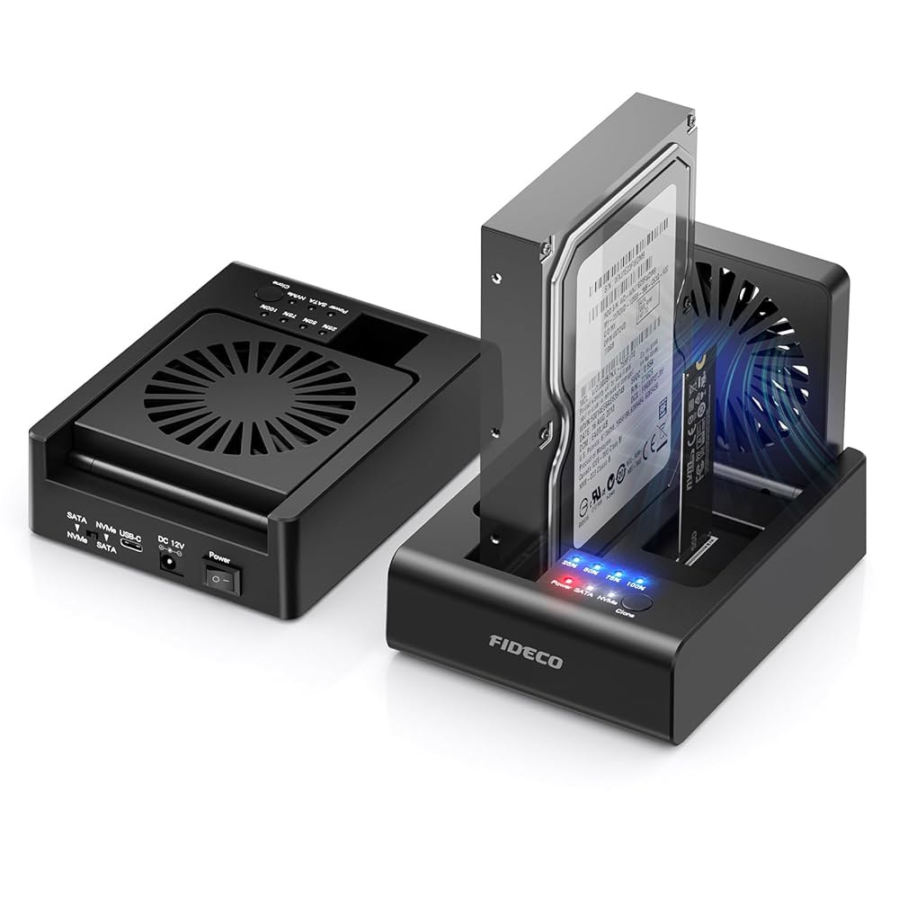 양방향 오프라인 클론, M.2 NVMe SSD 및 2.5 /3.5 SATA HDD용 FIDECO 하드 드라이브 도킹 스테이션, NVMe에서 USB 어댑터 접이식 냉각 팬을 갖춘 - 상품 이미지