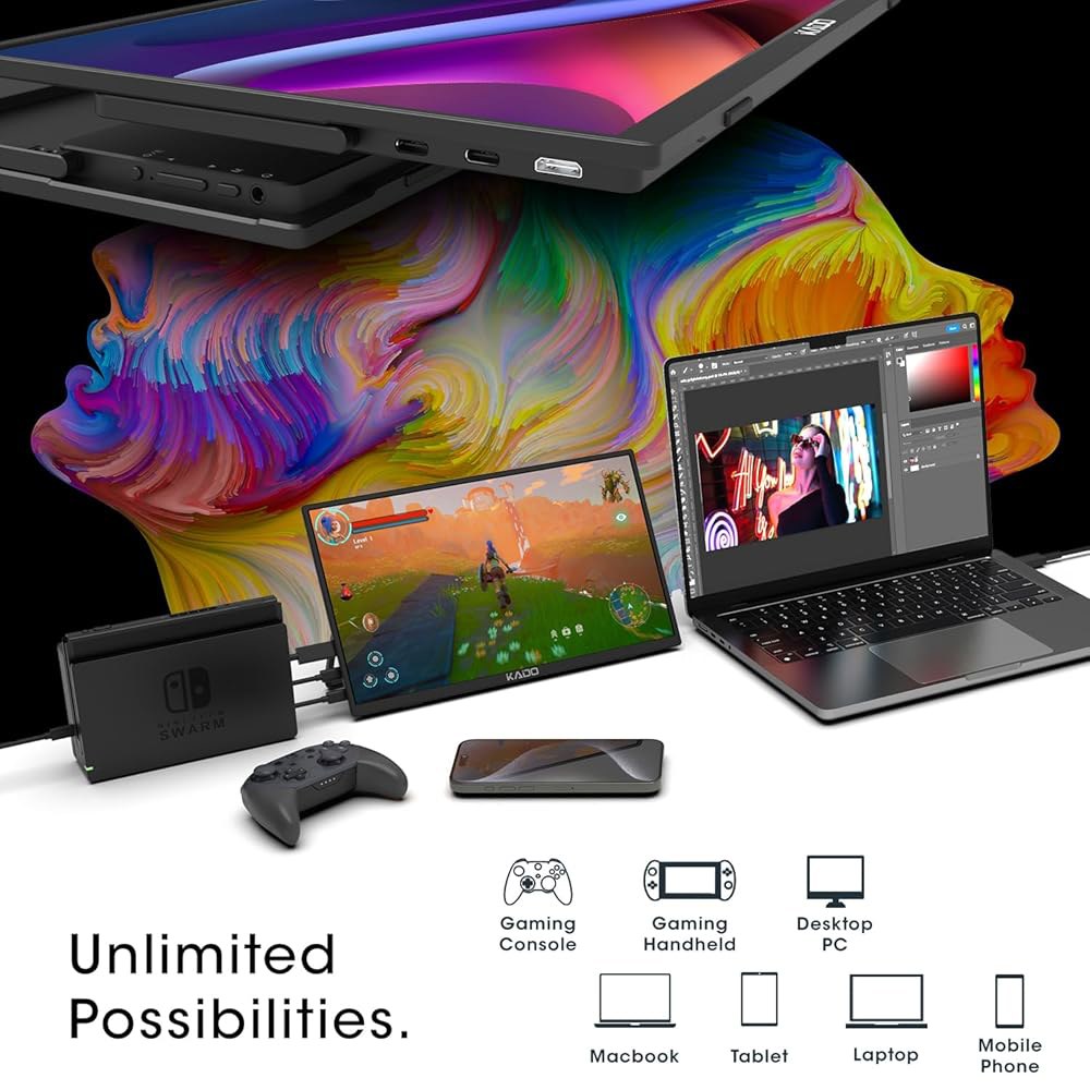 카도 포터블 모니터 15.6인치 FHD 1080p, 45W 역충전 USB-C 미니 HDMI 게이밍 IPS 디스플레이 내장 스피커, 노트북 PC폰 맥 엑스박스 PS4 / PS5 스위 - 상세 이미지 3
