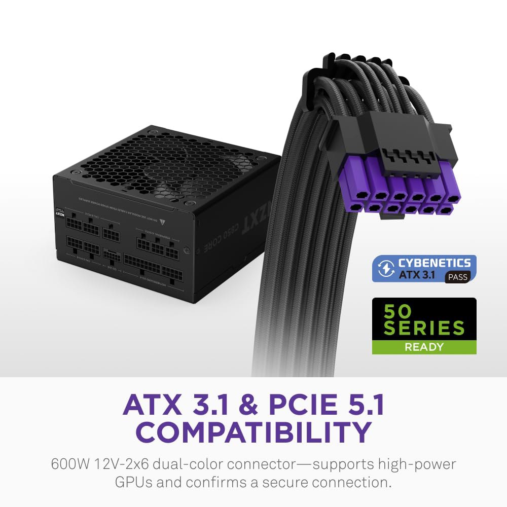 NZXT C850 골드 코어 - 850W ATX 3.1 전원 공급 장치 80 플러스 사이베네틱스 플래티넘 완전 모듈식 PCIe 5.1 600W 12V-2x6 제로 RPM 팬 105 - 상세 이미지 3