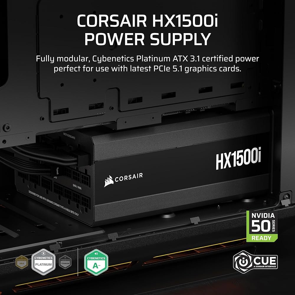 CORSAIR HX1500i (2025) 12V-2x6 케이블 u2013 ATX 3.1 및 PCIe 5.1 준수, 사이베네틱스 플래티넘 효율성, 유체 다이내믹 베어링 팬 블랙을 - 상세 이미지 2