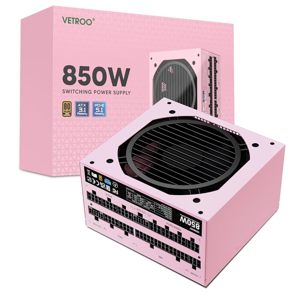 베트루 850W 전원 공급 장치 듀얼 PCIe 5.1 ATX 3.1 준비 완료, 80 플러스 골드 풀 모듈러, 120mm FDB 팬으로 조용한 작동, 10년 보증 - 핑크 - 상품 이미지
