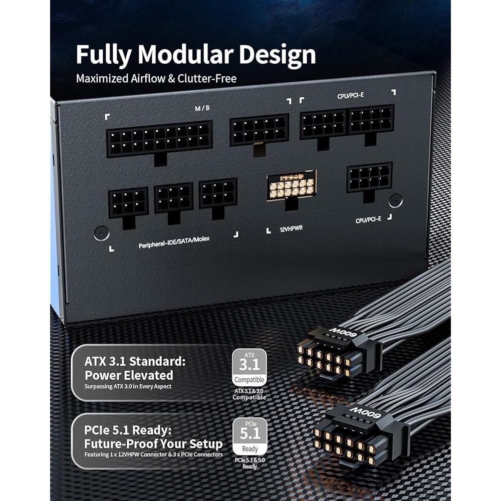 Superrer (2025) 850W PSU 전원 공급 장치 완전 모듈식, 80 플러스 골드, ATX 3.1 3.0, PCIE 5.1 5.0, 12V WR, 저소음, 일본 커패시터 - 상세 이미지 2
