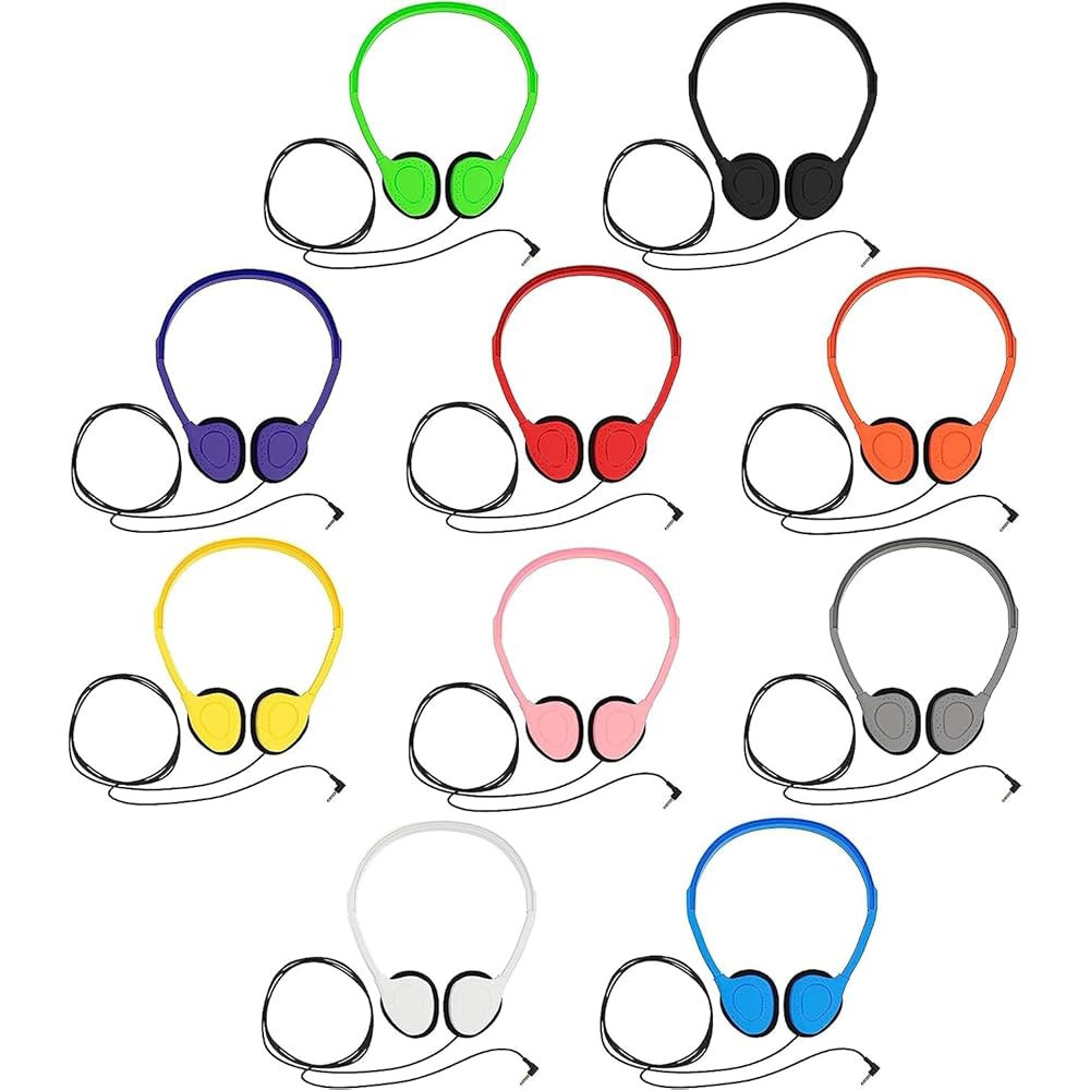 학생용 메일린 벌크 교실 헤드폰, 10팩 온이어 유선 헤드셋, 조절 가능, 경량, 3.5mm 플러그, 학교 테스트, 도서관, 여행, 랩스 u2013 멀티 컬러 - 상세 이미지 2
