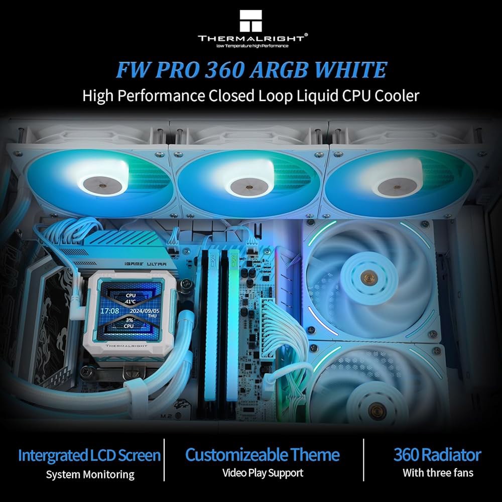 Thermalright FW PRO 360 ARGB 화이트 CPU AIO 쿨러, 320 해상도의 IPS LCD 화면, AM5 & Intel 1700 / 1851용, 2.73인치 - 상세 이미지 2