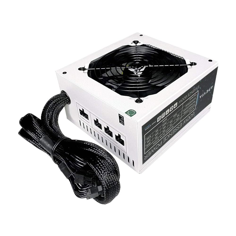 자동 열 제어 120mm 블랙 팬, 115/230V 스위치, 모든 보호 기능, 흰색 케이스가 포함된 Apevia ATX-ES600-WH 에센스 600W ATX 반모듈형 게임 전원 - 상품 이미지