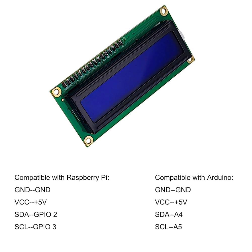 Haldzemo 1602 LCD 화면 디스플레이 모듈 1602A 16x2 문자 직렬 블루 백라이트 DC 5V(IIC/I2C 인터페이스 어댑터 보드 포함) (2팩) - 상세 이미지 3