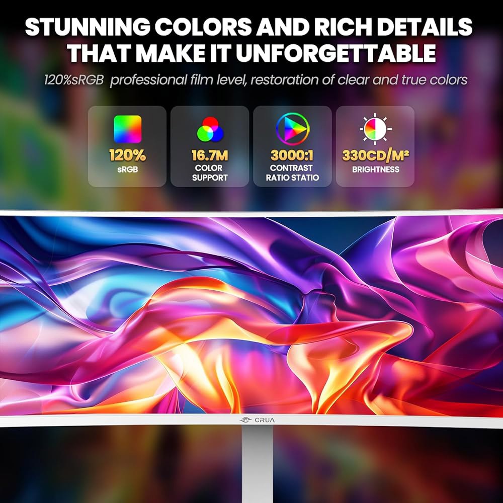 CRUA 49인치 화이트 커브드 모니터 | DQHD(5120 1440), 120Hz, 1500R, 32 9, AMD 프리싱크, 120 sRGB, 높이 조절 가능한 울트라 와이드 - 상세 이미지 3