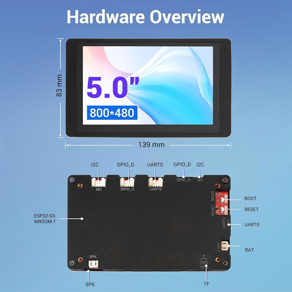 엘레크로우 ESP32 디스플레이 800 480, 아크릴 케이스 포함 5인치 HMI RGB TFT LCD 터치스크린, 32비트 LX6 듀얼 코어 프로세서, 최대 240MHz, 아두이 - 상세 이미지 3